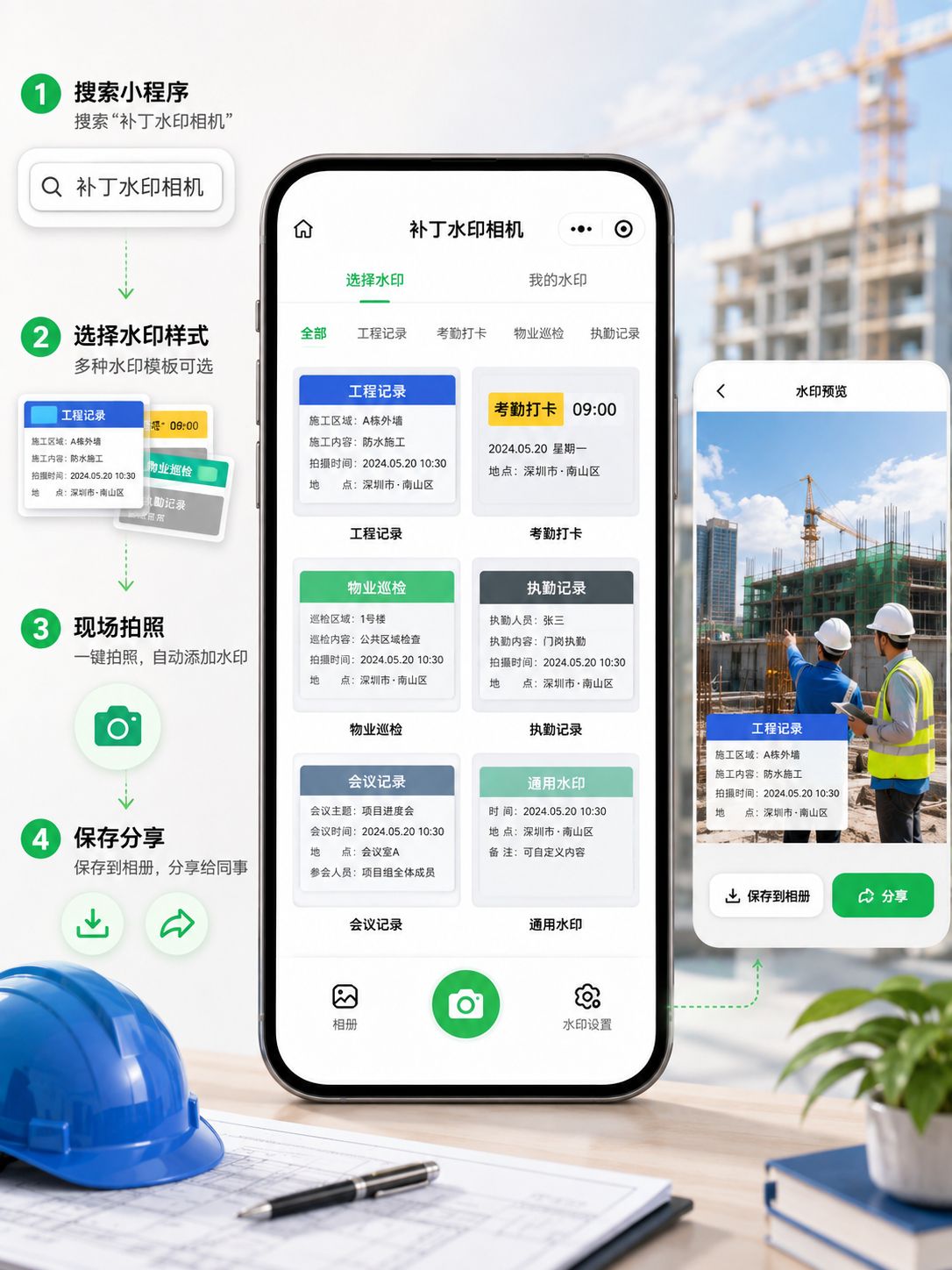 免费水印相机推荐:补丁水印相机,拍照自动带信息