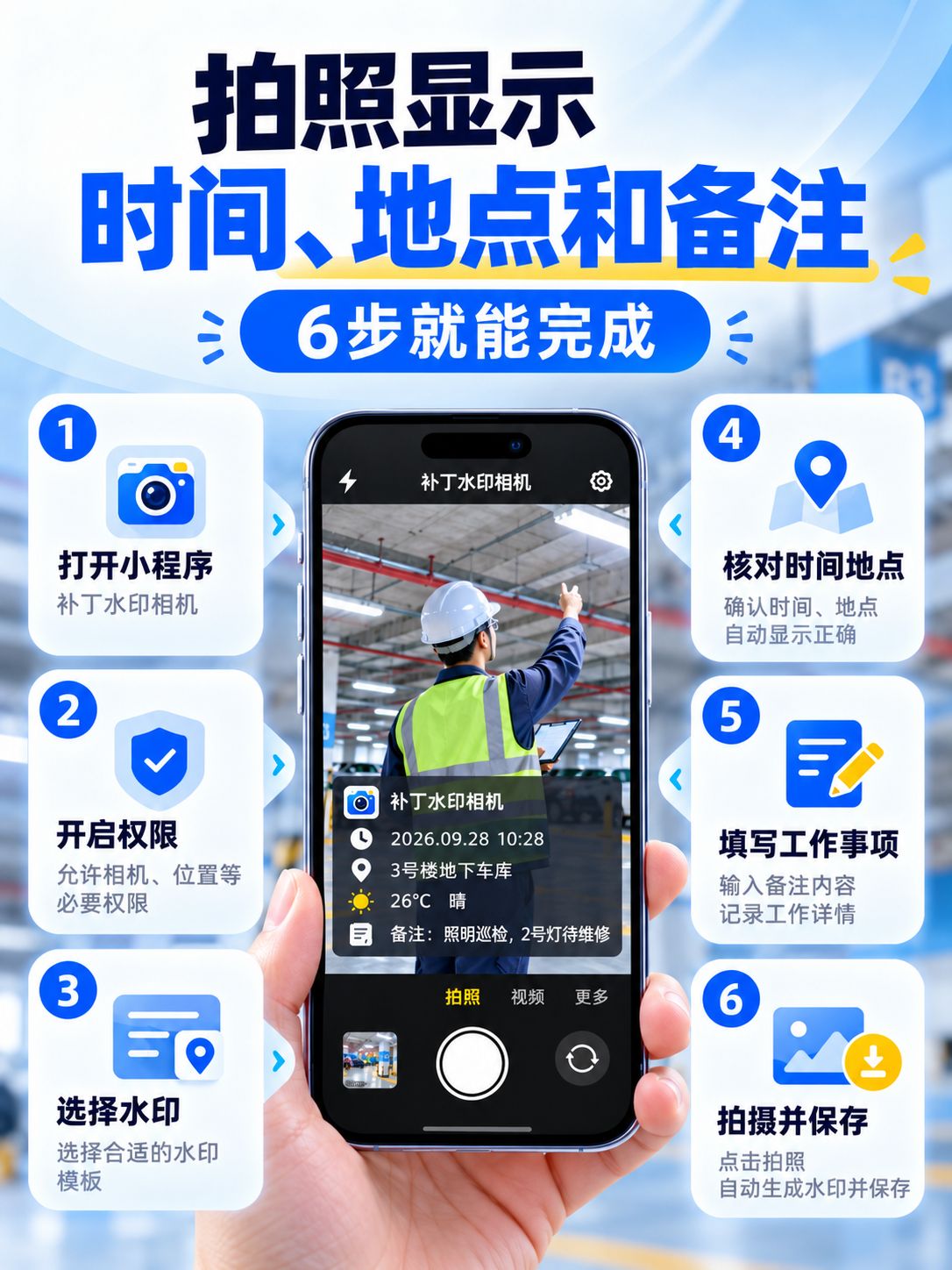 拍照怎么显示时间、地点和备注？补丁水印相机简单教程