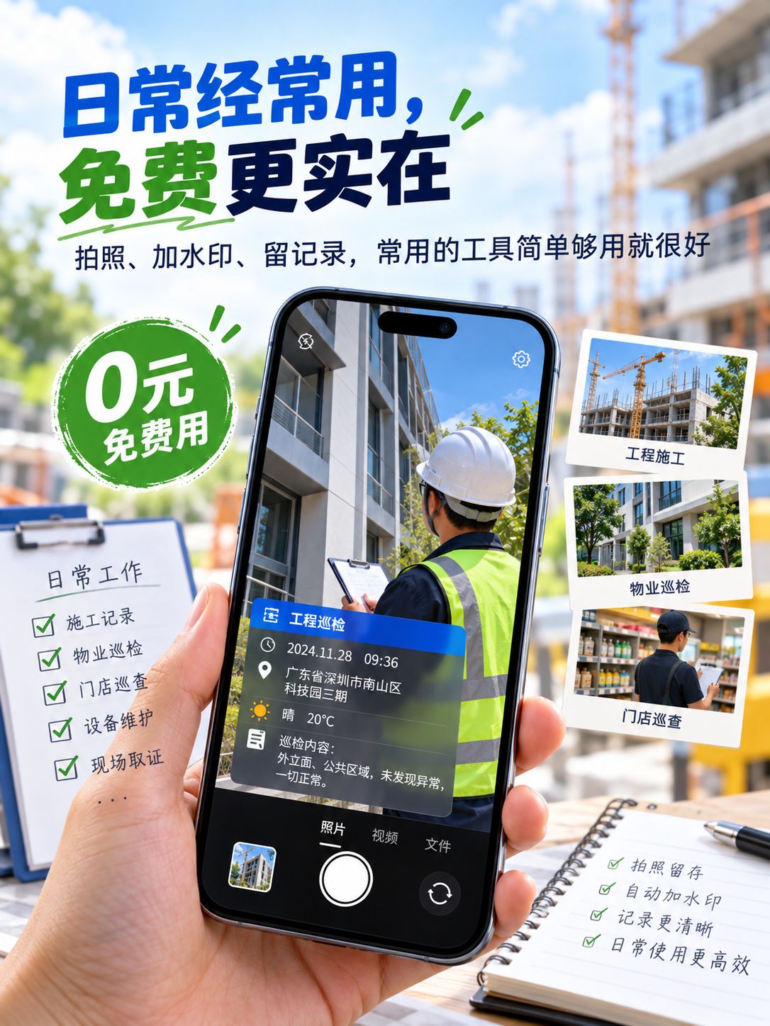 工作拍照少些打扰，补丁水印相机免费无广告