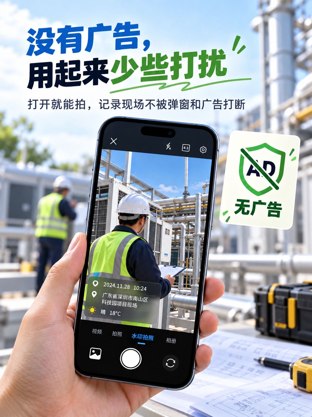 工作拍照少些打扰，补丁水印相机免费无广告